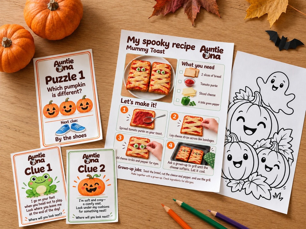 Preview of the Halloween Activity Pack — clue and puzzle cards, a Mummy Toast recipe sheet and a pumpkin colouring page