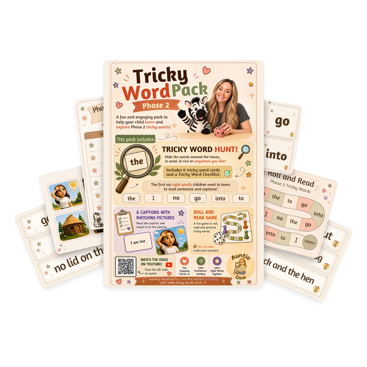Preview of the Phase 2 Tricky Word Pack — word cards, matching pictures and a roll and read game