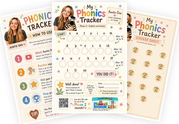 Preview of the free Phonics Tracker pack — instructions, tracker and sticker sheet