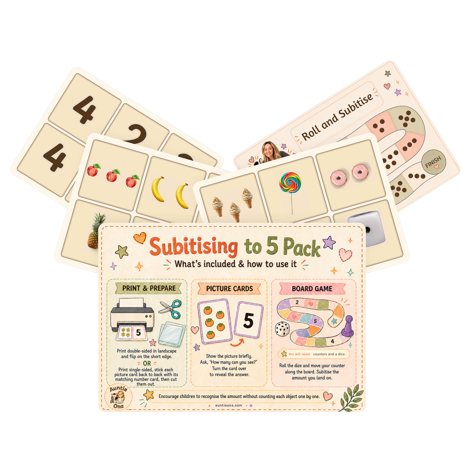 Preview of the Subitising to 5 Pack — picture cards, number cards and a Roll and Subitise board game